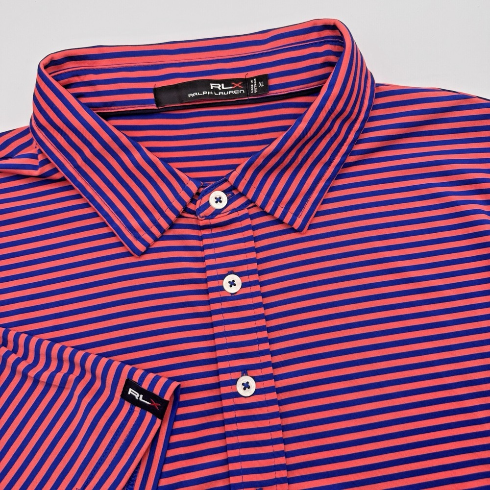 RLX Ralph Lauren Men's XL Pink Blue Striped Golf Performance Stretch Polo‎